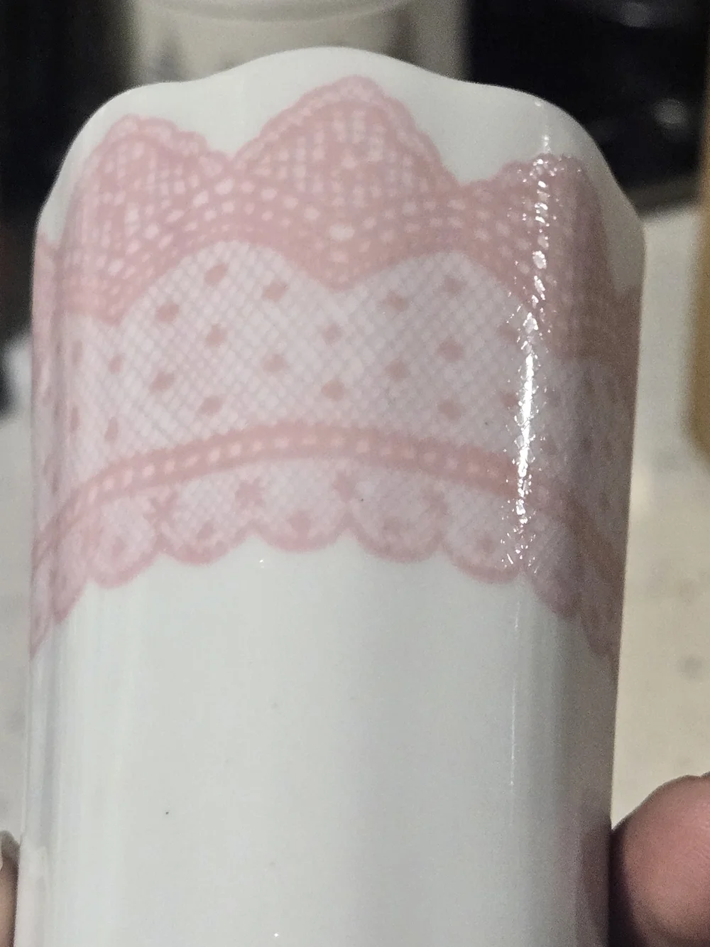 Vintage White Ceramic Bud Vase with Pink Lace Pattern